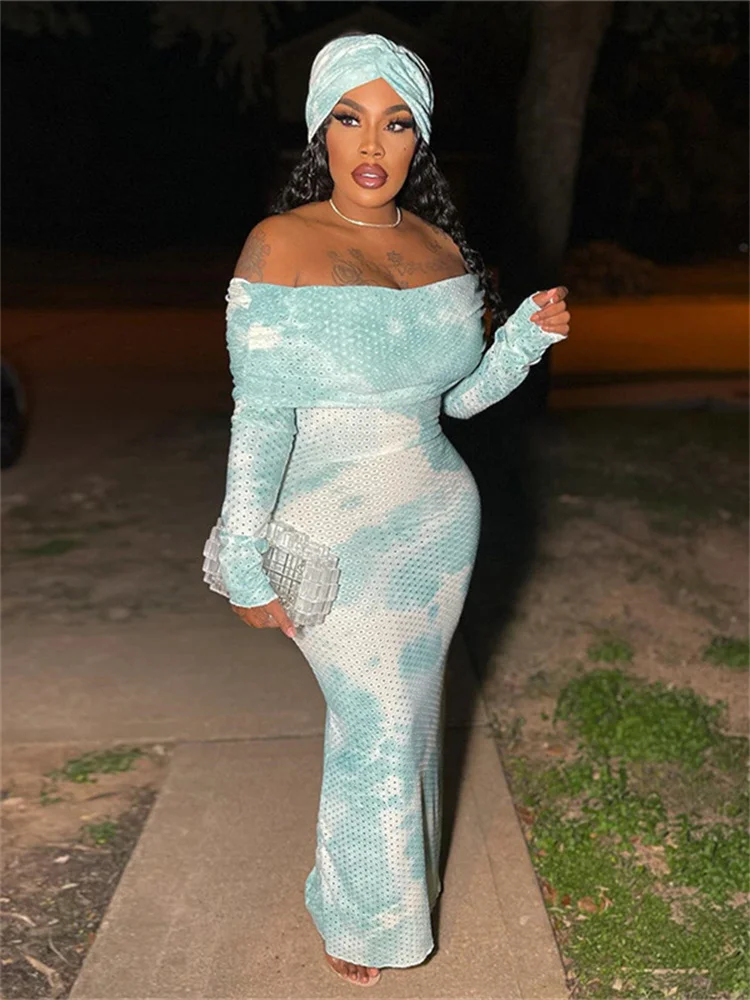 

WJFZQM Elegant Sexy Off Shoulder Bodycon Partywear Evening Dresses Female Vestidos Dot Hollowed Out Maxi Dress Women Autumn