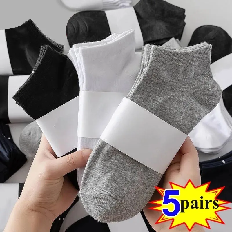 1-5pairs Men's Socks Low Cut Breathable Business Boat Sock Summer Solid Color Comfortable Ankle Casual Cotton White Black Socks