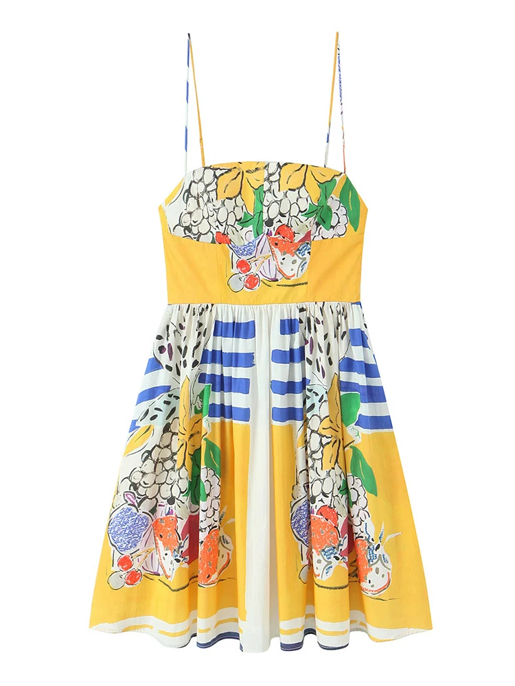 TFMLN Women's Casual Fruit Print Suspender Dress Summer Sleeveless Backless High Waist Sling Beach Vacation Short Dress Female