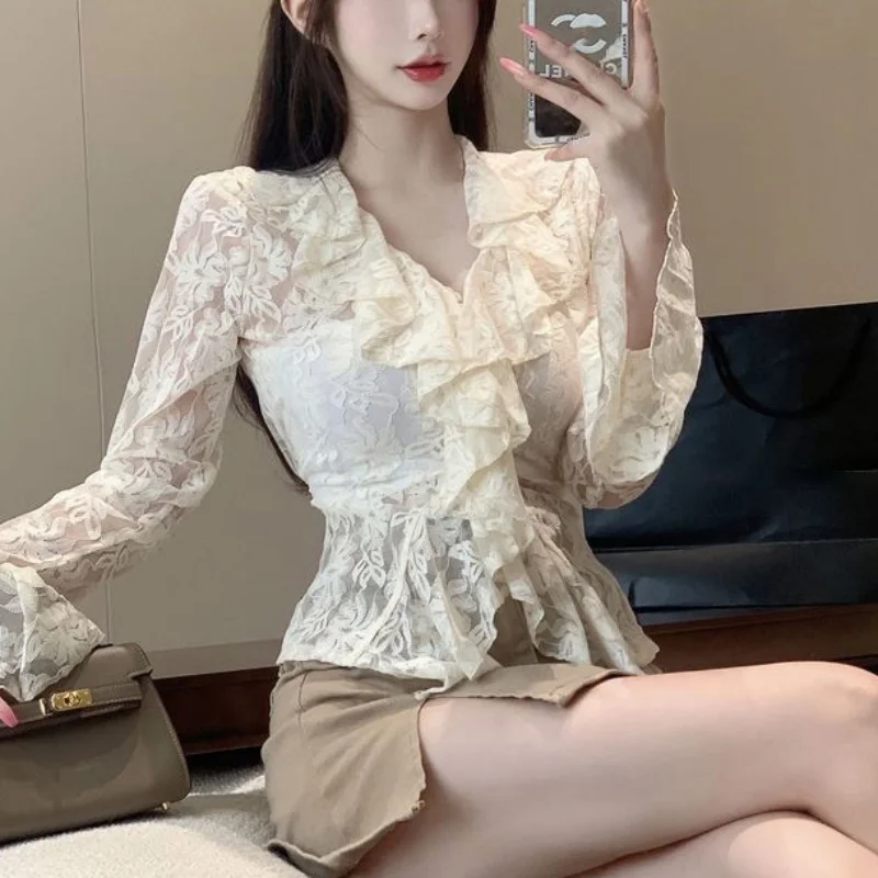 y2k Lace Blouse Women Coquette Clothes Sheer See Through Ruffle Flared Long Sleeve Shirt Top 2000s Clothing Streetwear
