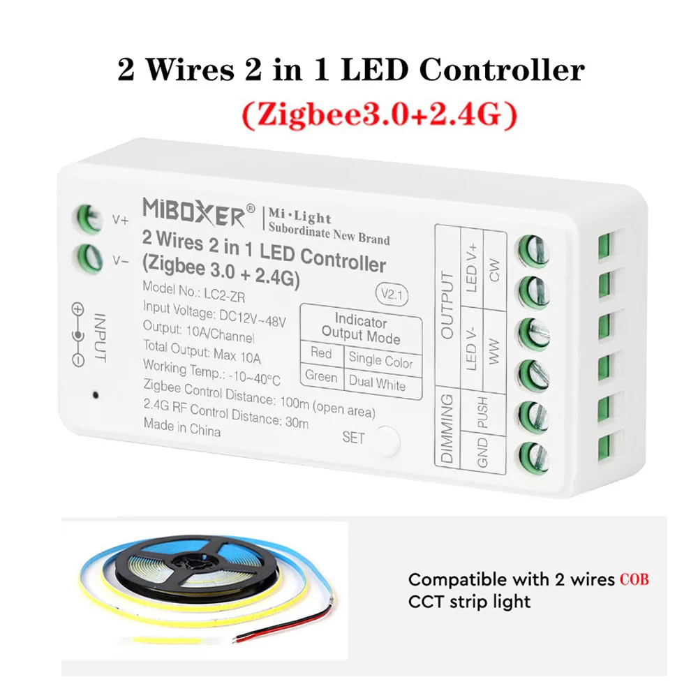 MIBOXER (ZigBee 3.0+2.4G)  2 Wires 2 in 1 CCT/DIM LED Strip Controller support single color dual white 2 output modes scoreboard led controller card use for led sport scoreboard support rf remote control and wireless console control modes