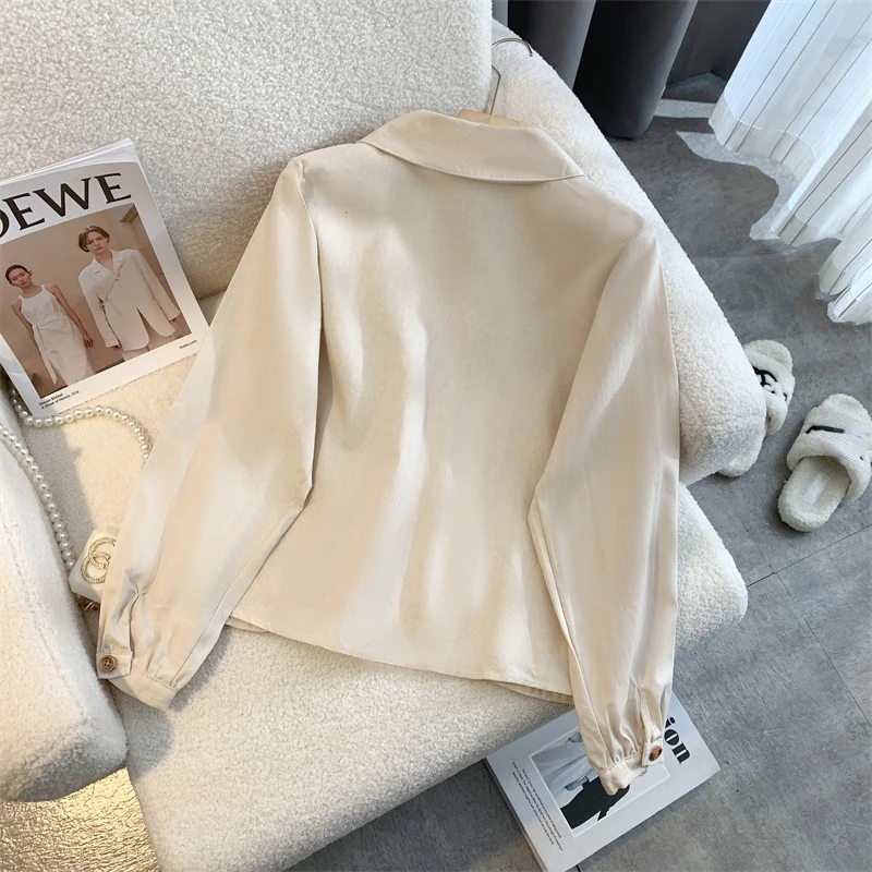 Peter Pan Collar Shirts Women Loose Long-sleeved Slim Solid Color Preppy Style Sweet Office Lady Korean Style Daily Tops Female