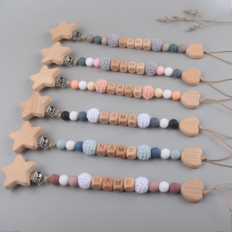 

Baby Pacifiers Clips Personalized Name Chain Star Wood Silicone Pacifier Teether Dummy Nipple Holder Clips Teething Toy BPA Free