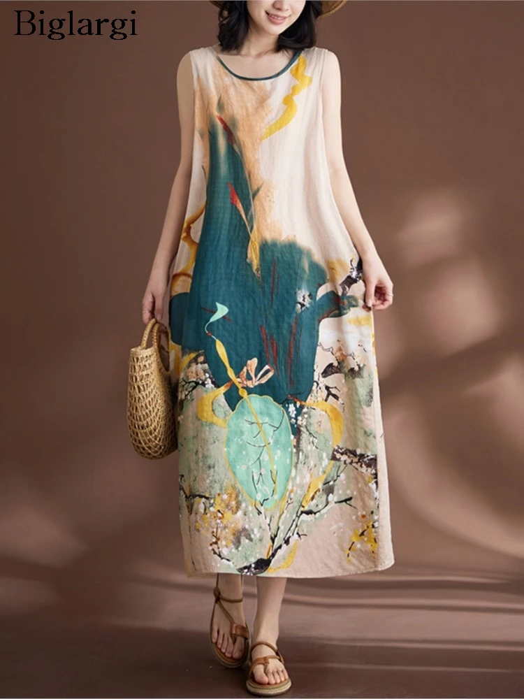 

Oversized Sleeveless Summer Midi Vests Dress Women Floral Print Fashion Ladies Dresses Loose Casual Ruffle Pleated Woman Dress