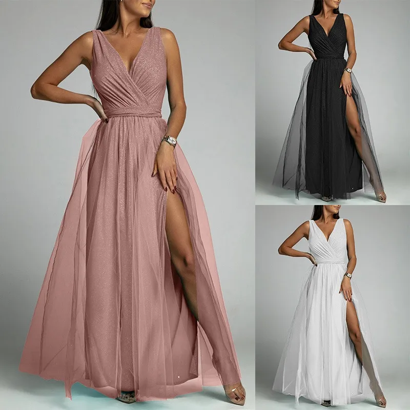 

Sexy Women Corset Party Dress Elegant Y2K Chic Sleeveless V Neck High Waist Folds Mesh Shiny Evening Graduation Dress Prom Gown