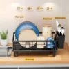 1pc Dish drying rack Kitchen countetop storage holder with drained board Dish&Bowl&tableware organizer Black White 4
