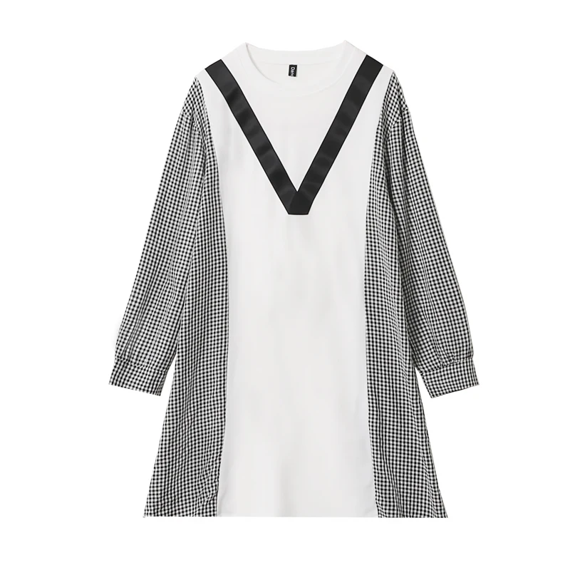 

European Style 2022 Spring Leisure Female Temperament Round Collar A-line Dress Plaid Striped Patchwork Woman Clothes Wholesale