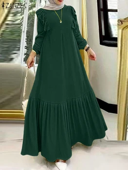 2024 ZANZEA Fashion Women Muslim Dress Autumn Casual Ruffles Hem Long Sleeve Sundress Islamic Clothing Loose Abaya Hijab Vestido