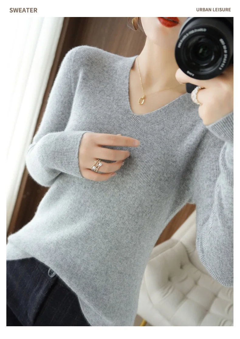 2022 Spring Autumn Women's Cashmere Sweater Pullover V-Neck  Casual Fashion Pure Color High Quality long cardigan