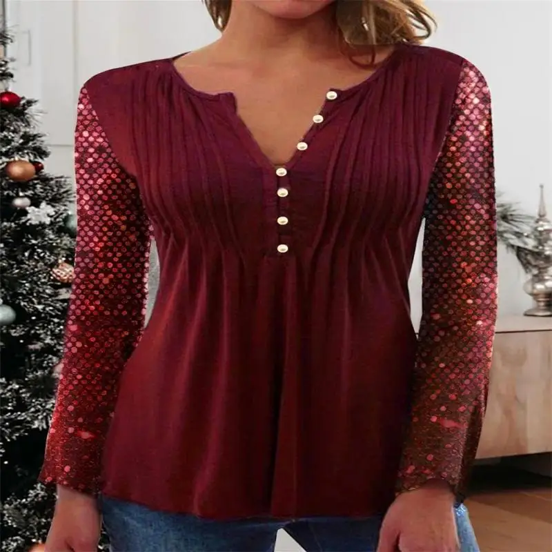 

Plus Size Women Long Sleeve V-neck Stitching Women Tops