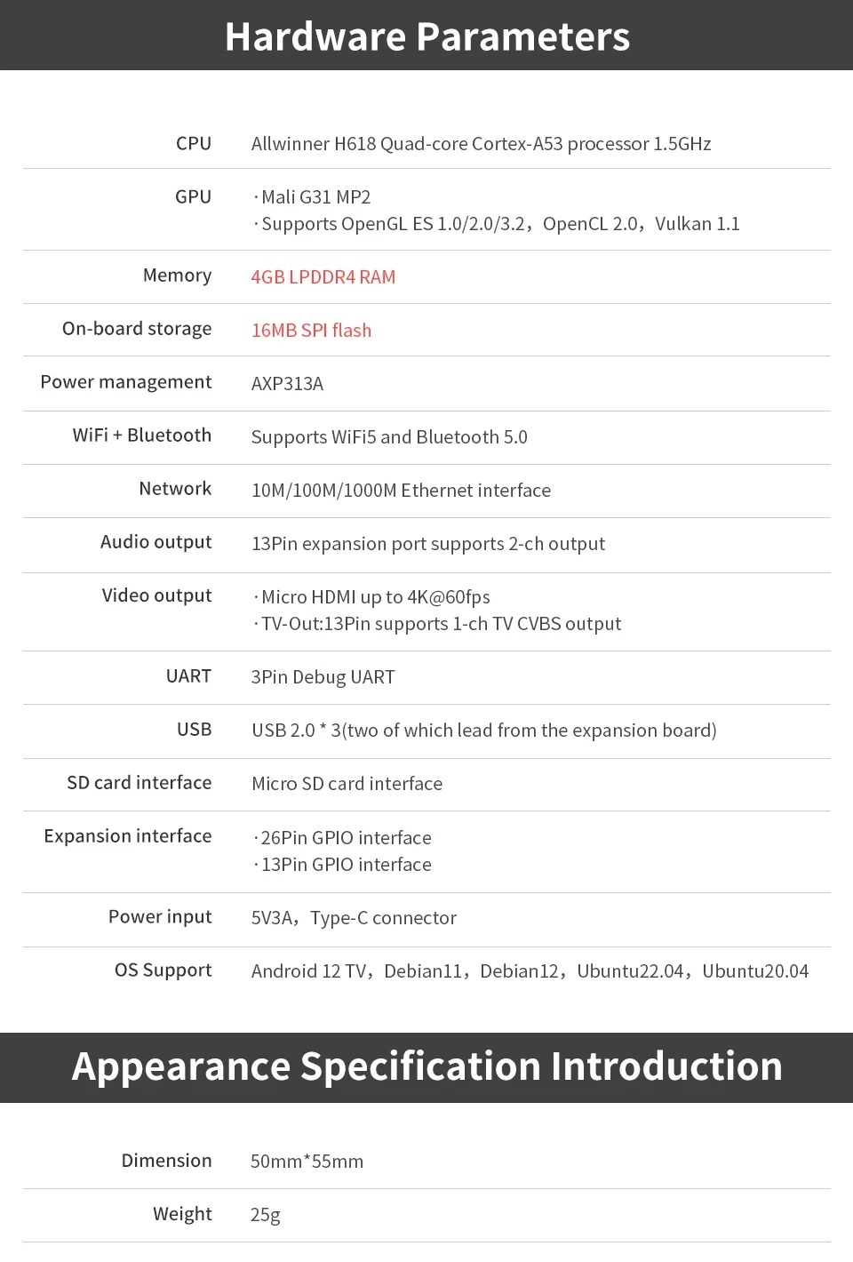 Orange Pi Zero 3 4GB RAM Allwinner H618 WiFi5 + BT 5.0 LPDDR4 16MB SPI Flash Opt