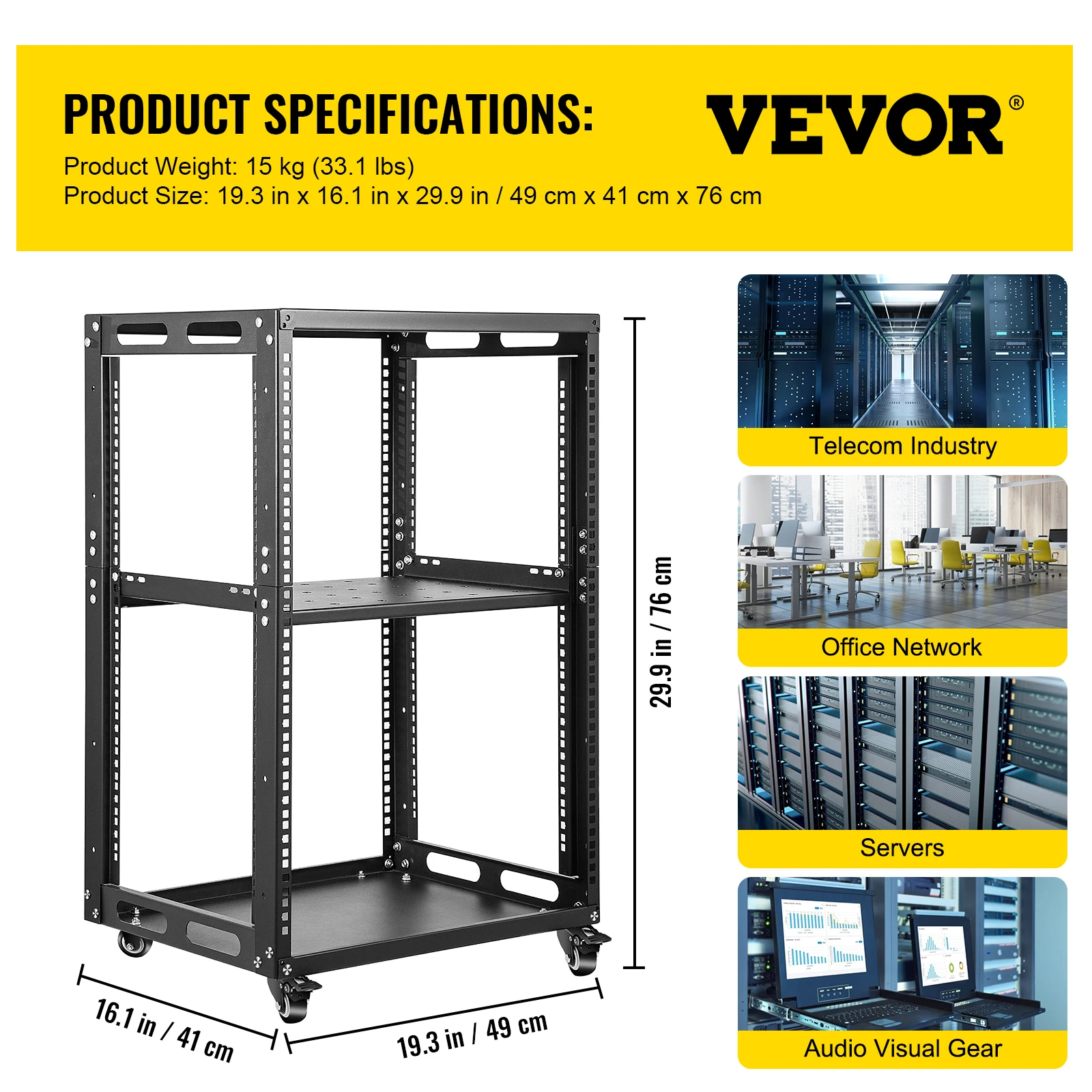 VEVOR 4 Post Open Frame Server Rack 12/15/18/27 U Design Cold-Rolled Steel Warehouse Shelf W/ Casters Network Cabinet for Office power tool bag Tool Storage Items