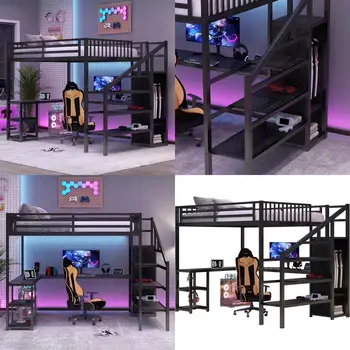 Adult Queen Size Gaming Loft Bed with LED Lighting, Sturdy Frame, Stairs, Wardrobe, and Storage