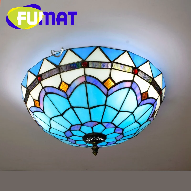 

FUMAT Tiffany style stained glass Blue Mediterranean 16 inch ceiling light for living room bedroom aisle hallway LED decor
