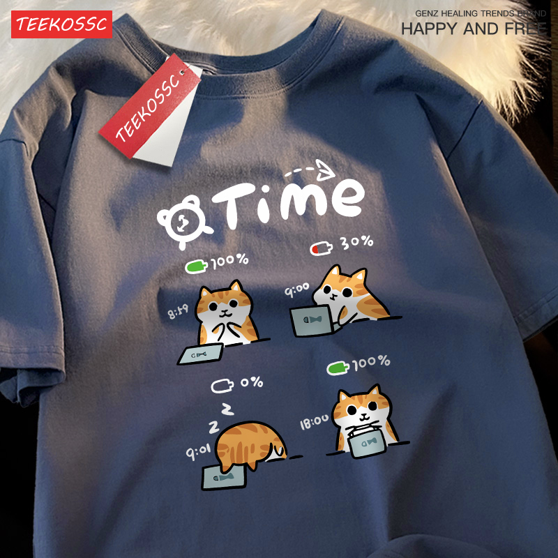 A Day When The Working Cat'S Battery Is Low Print Mens T Shirt Hip Hop All-Match T-Shirt Casual Cotton Clothes Loose Summer Tops