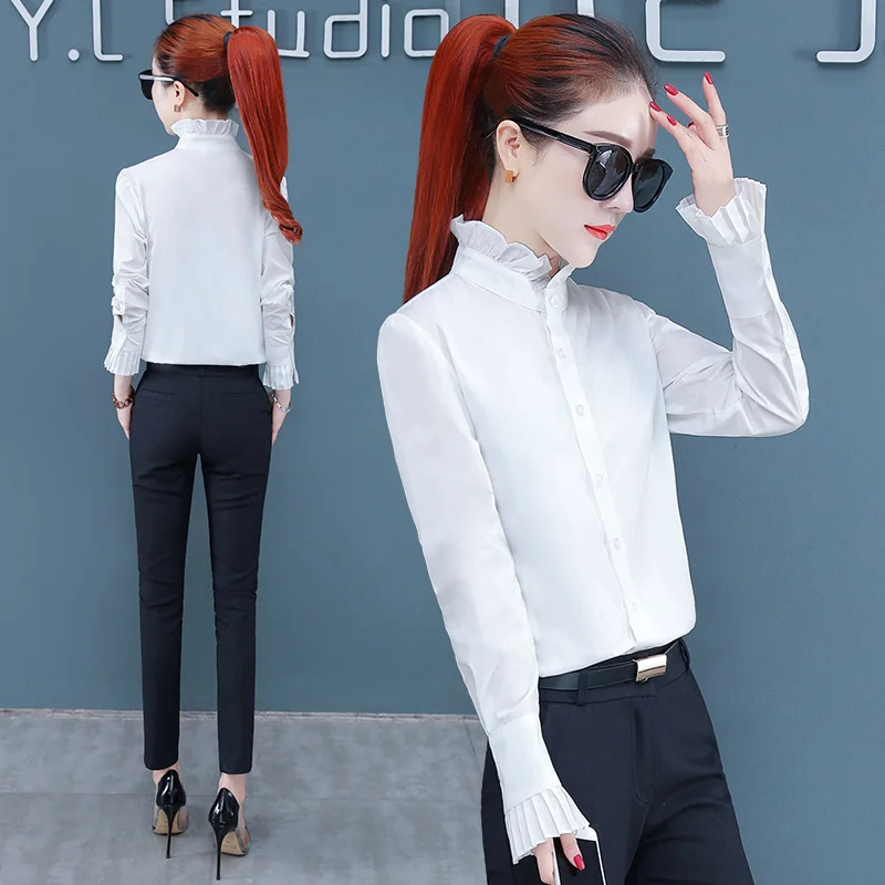 Fashion And Versatile Stand Up Collar With Wooden Ear Edge Long Sleeved Inner Lining Shirt Women'S Spring Autumn New Bottom Top