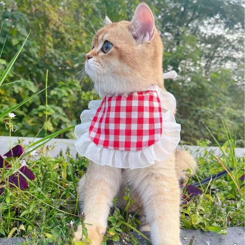 

Cat Cute Plaid Drool Towel Puppy Lace Bib Teddy Boomerang Adjustable Scarf Small Pet Cat Dog Cotton Decoration Supplies