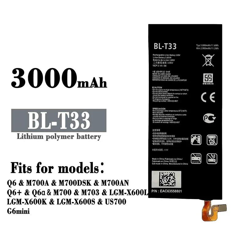 Аккумулятор BL-T33 для LG Q6 LM-X525HA G6mini M700A M700AN M700DSK аккумулятор телефона 3000 мАч BL T33 BLT33 |