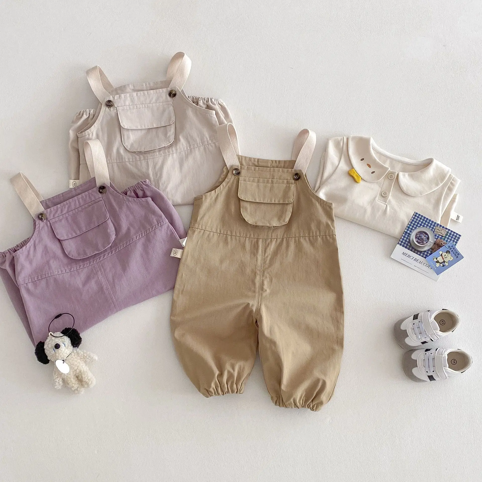 2025 New Kids Overalls 0-5Years Childrn Boy Girl Solid Color Pocket Jumpsuit Cargo Suspender Pant Fashion Bottom Spring Clothes