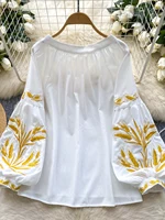 Retro Ethnic Heavy Embroidery Belted round Ne Lantern Sve irt Women Loose Casual Top Faionable Base irt - Image 4