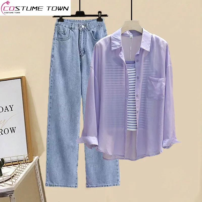 Korean Hollow Out Sunscreen Chiffon Shirt Striped Vest Wide Leg Pants Three Piece Set of Elegant Women's Pants Casual Outfit