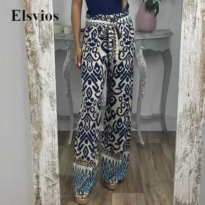 

Casual Female Vintage High Waist Trousers Fashion Print Loose Lace-up Long Pants 2023 Women Autumn Summer Beach Pants Streetwear