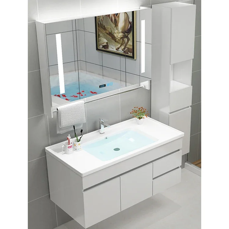 Waterproof Washroom Furniture small Modern white Mount Floating Bathroom Storage Vanity Cabinets Sets With Sink Basin