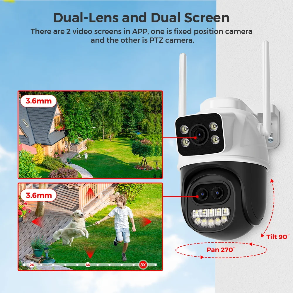12MP 6K PTZ Wifi Camera Dual Lens 8X Digital Zoom AI Human Detection Outdoor 8MP