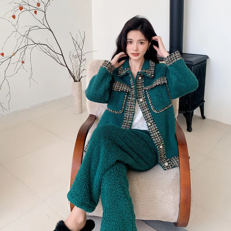 New Sleepwear Women's Autumn/Winter Coral Plush Top and Bottom Long sleeved Pants Set with Flip Collar Loose Warm Coat
