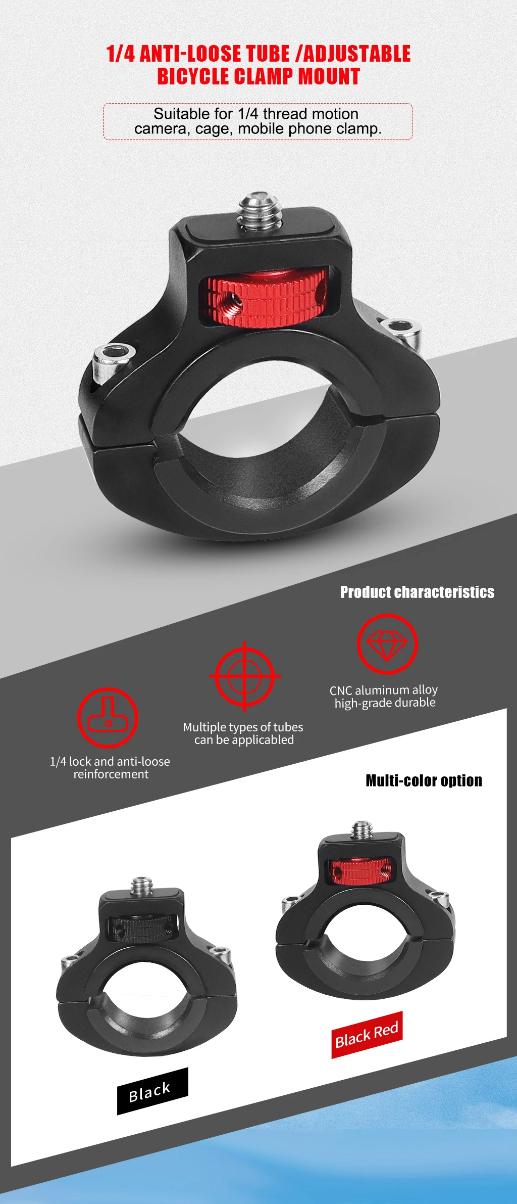 Reinforced Bicycle Handlebar Mount 1/4 Screw Metal for GoPro 13 X5 DJI OSMO 360