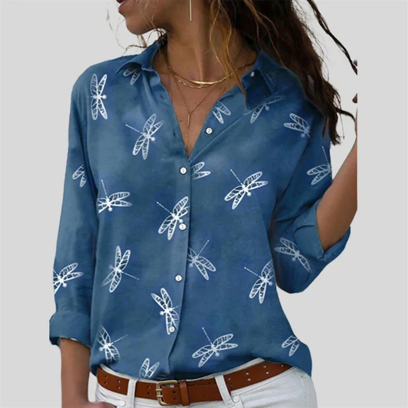 Large Size Dragonfly Print Single-breasted Cardigan Shirt Women's Comfortable Commuter Casual Tops Female Slim Fit Lapel Blouse