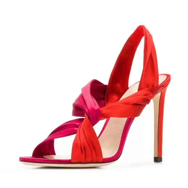 

Women Open Toe Pleated Red High Heels Elastic Band Cross Strap Party Sandals Ladies Luxury Stiletto Heels Shoes
