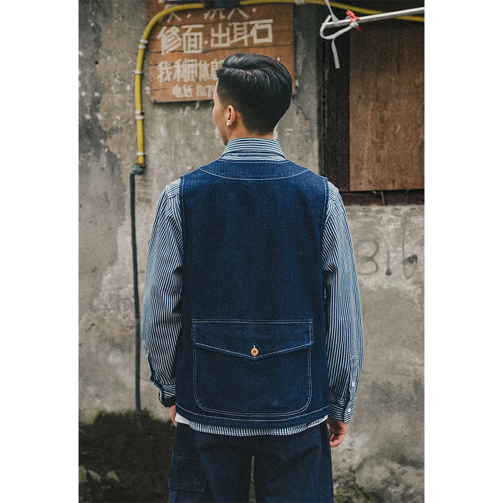 남성용 빈티지 데님 조끼, 미국 여름 얇은 멀티 포켓 민소매 조끼 재킷, 하이 스트리트 하라주쿠 블루 카고 코트, 남성 2024