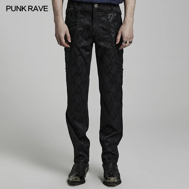 

PUNK RAVE Men's Gothic Printed Trousers Dark Slim Fit Party Lace Winding Decoration Gorgeous Jacquard Men 3D Pants