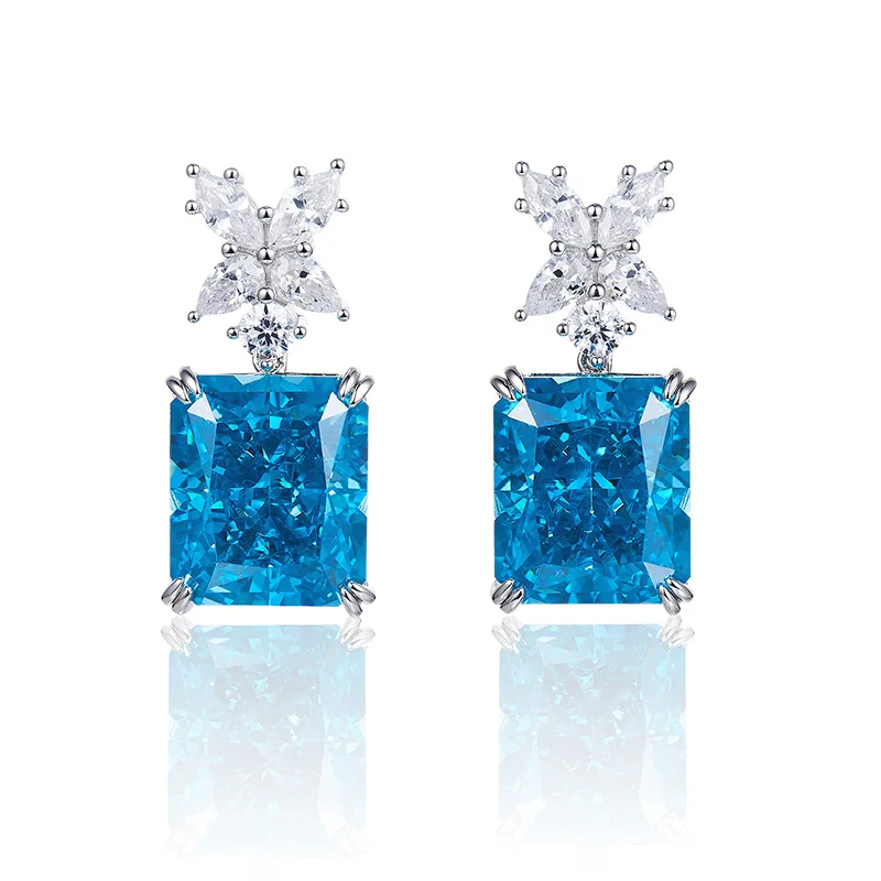 

12 * 14MM rectangular high carbon diamond ice cut blue earrings S925 silver plated platinum new fashion