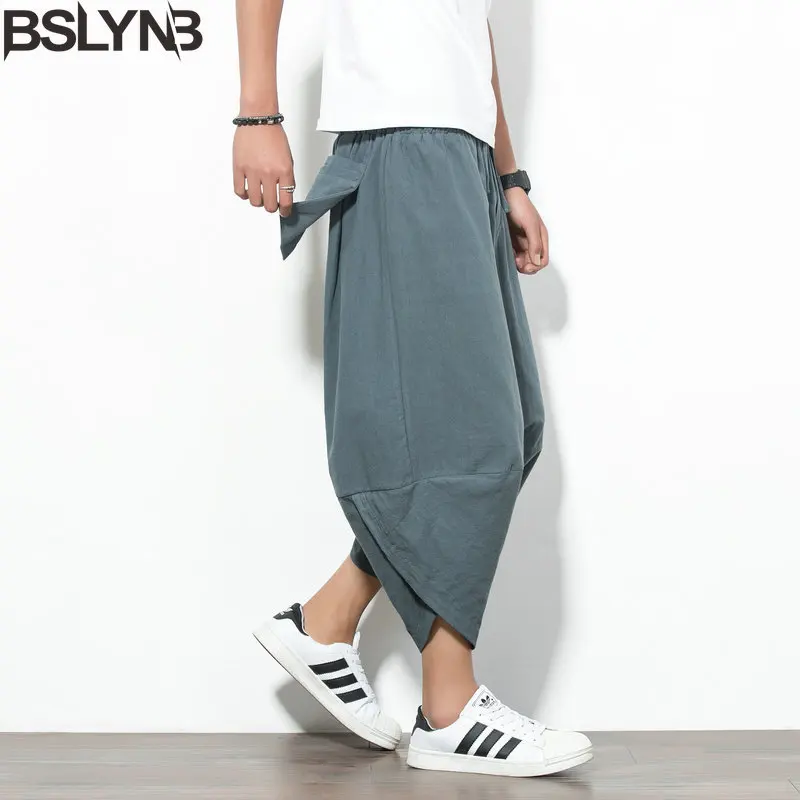 

Summer Casual Cotton Linen Wide Leg Pants Men Casual Hip Hop Trousers Comfort Elastic Waist Joggers Cropped Pants Streetwear