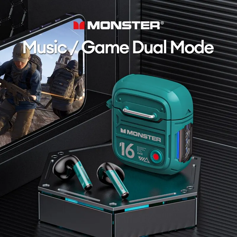 Monster XKT16 무선 이어폰, 블루투스 5.3 게임용 헤드셋, 하이파이 사운드, HD 통화 음악 이어버드, 터치 컨트롤 헤드폰, 듀얼 모드