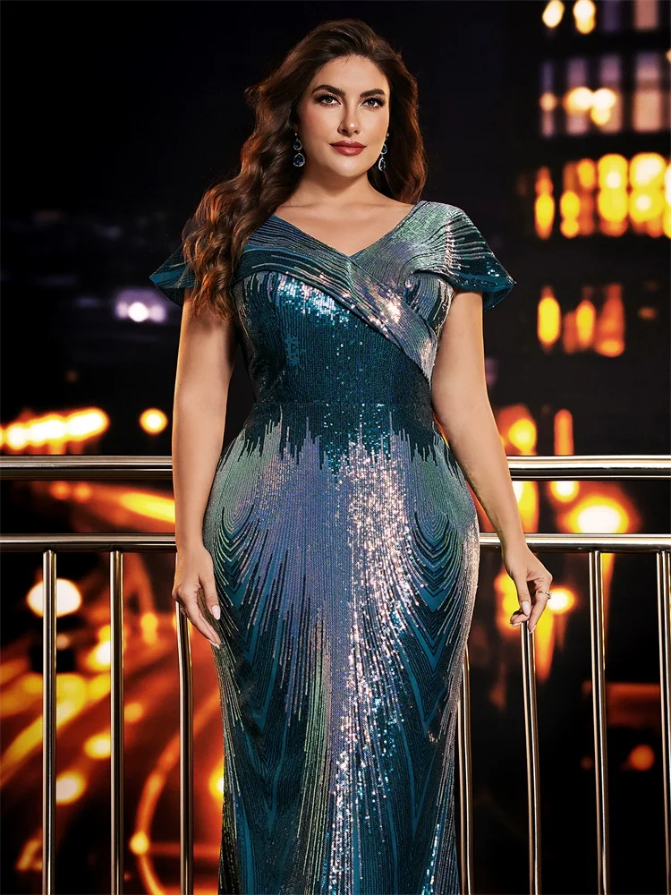 فستان سهرة أزرق أنيق مقاس كبير بأكمام طويلة مزين ب...