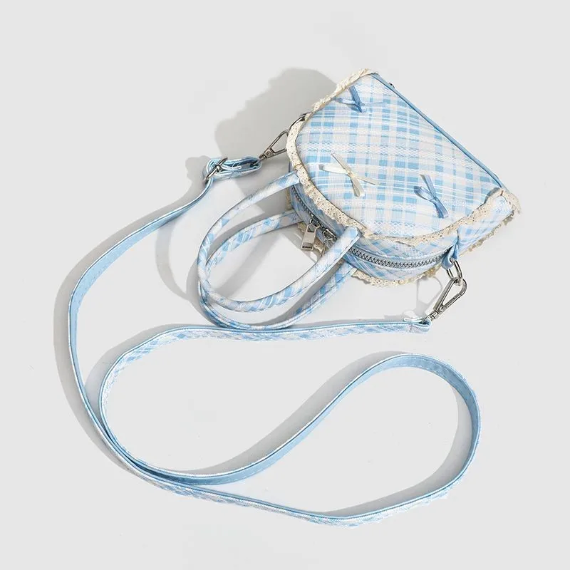 JIAERDI Harajuku Plaid Blue Y2k Hand Bag Wallet Women Vintage Bow Handle Chic Shell Bag Handbag Female Casual Crossbody Bags New