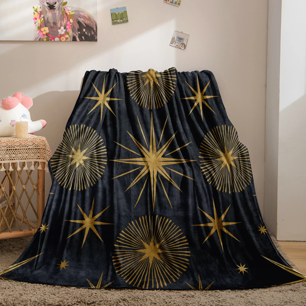 

Star Flannel Blanket Black Throw Blanket Warm Bed Blanket Glitter Blanket for Bed Sofa Dropshiper