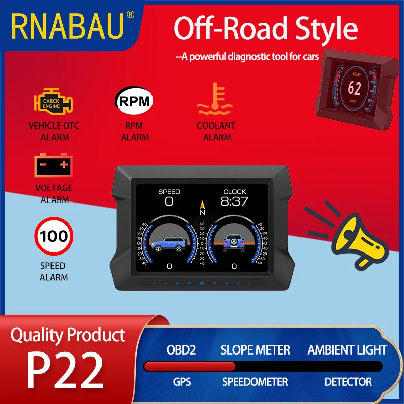 

RNABAU P22 GPS HUD Upgrade Your Off-Road Game : Powerul Car Diagnostic Tool, Slope Meter, Check and Clear Engine Trouble Codes