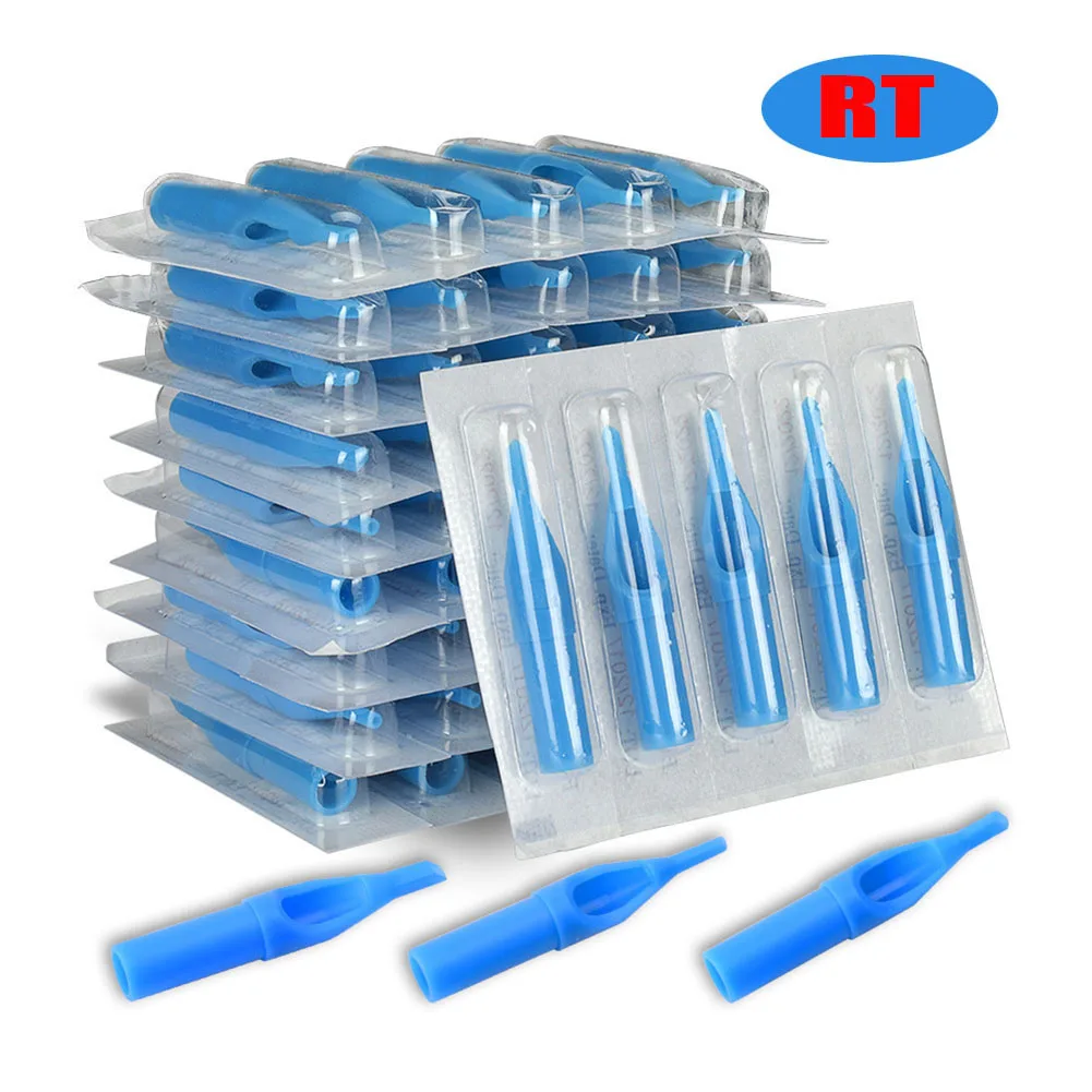 50pcs 3/5/7/9/11/13/15RT Professional Disposable Sterile Tattoo Tip Blue Plastic Flat Round Needle Tip Tattoo Gun Tool Accessory