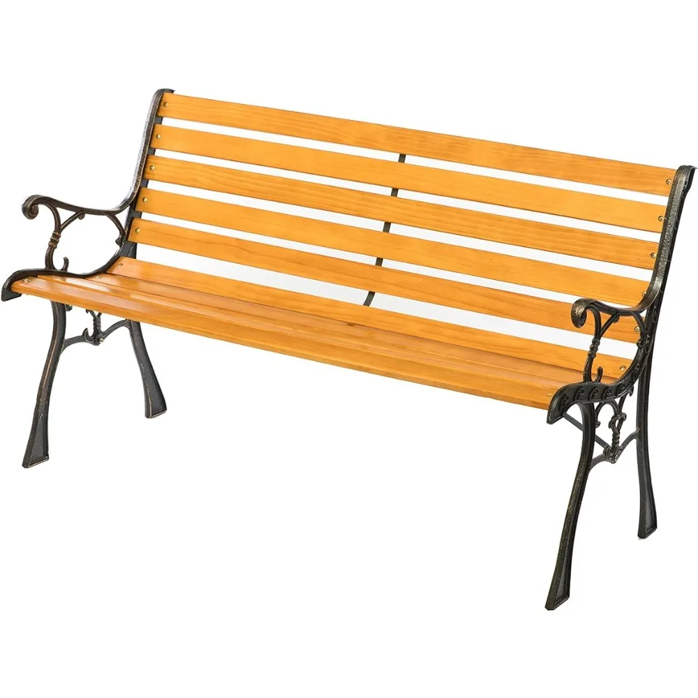 

Garden outdoor bench, wooden outdoor park terrace, garden courtyard bench with designed steel armrests and legs, black