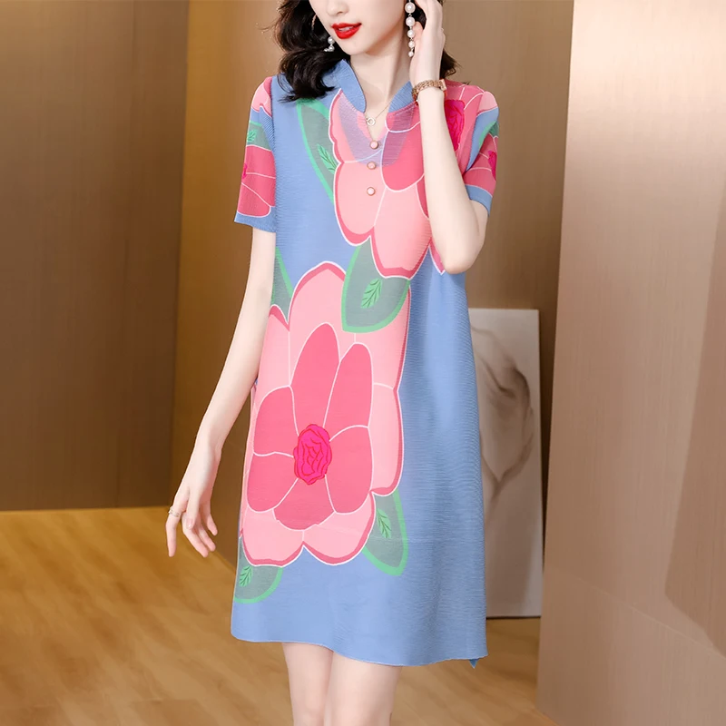 

Pleated Dress 2023 Summer New Mom Summer Dress New Short Sleeve Flower Print Age Reducing Pleated Slim dress
