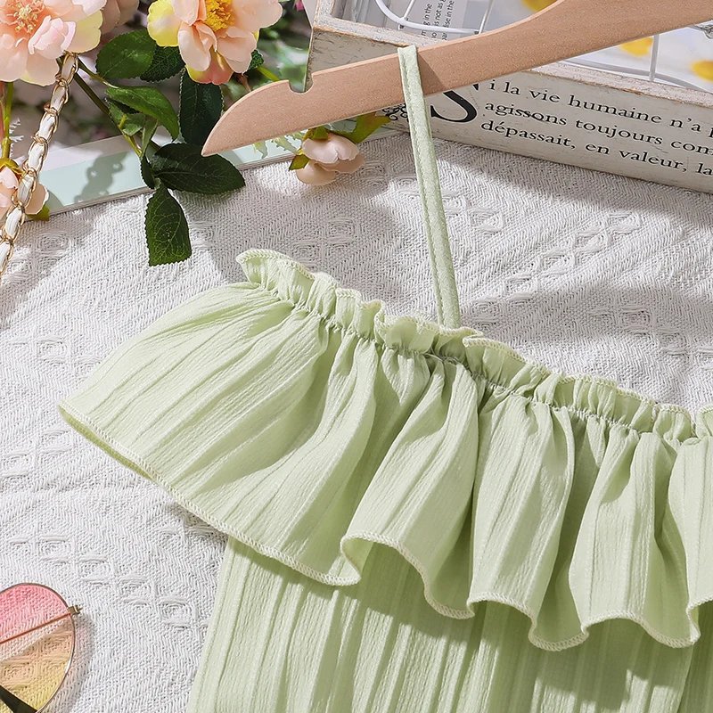 Kids Dress For 8-12 Years Girls Green Halter Dress & Detachable Belt Lovely Style Birthday Party Summer Vacation Daily  Clothes