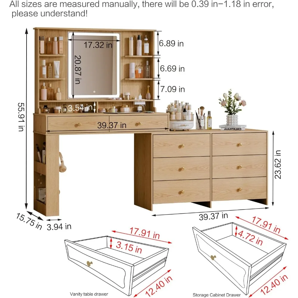 Makeup Vanity with Large Mirror, Light, and Charging Station, Modern Corner Makeup Vanity with 8 Storage Drawers and 8 Shelves 6