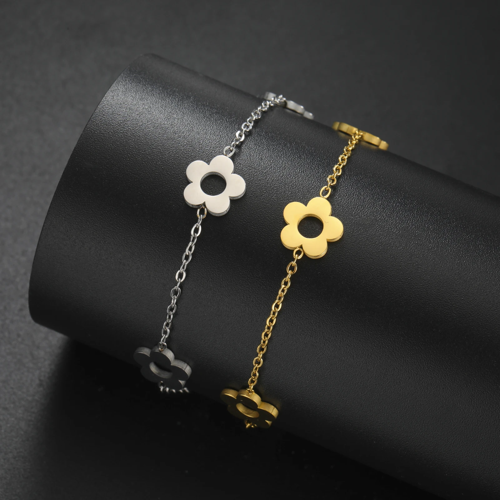 Kkjoy Neue Einfache Edelstahl Gold Farbe Design Blume Armband Für Frauen Blume Einstellbare Charm Armband Partei Schmuck Geschenk – Detail 5