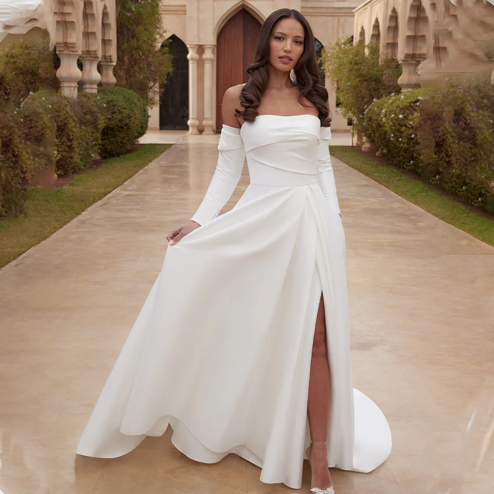 

Elegnat Strapless Satin A Line Wedding Dresses Detachable Long Sleeves Side Slit Custom Made 2024 Vestido De Noival