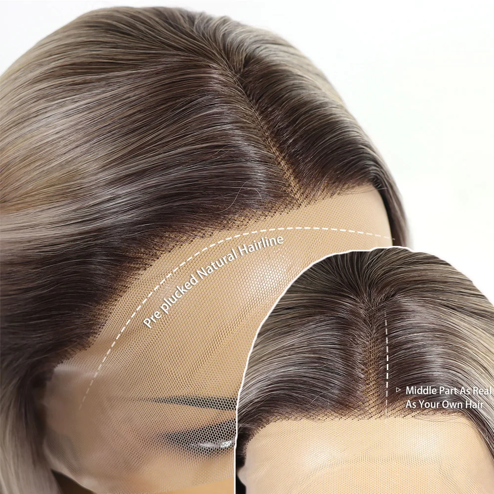 Ash Blonde Bob Synthetic Lace Front Wig Dark Roots Short Straight Colored Blonde for Women Daily Use Synthetic Wig