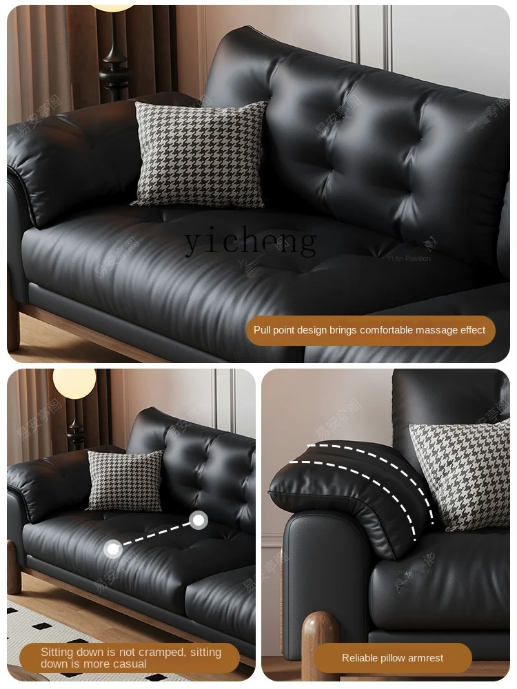 Zc-レトロな牛革のソファ,ストレート,黒,3人用,象の脚,リビングルーム